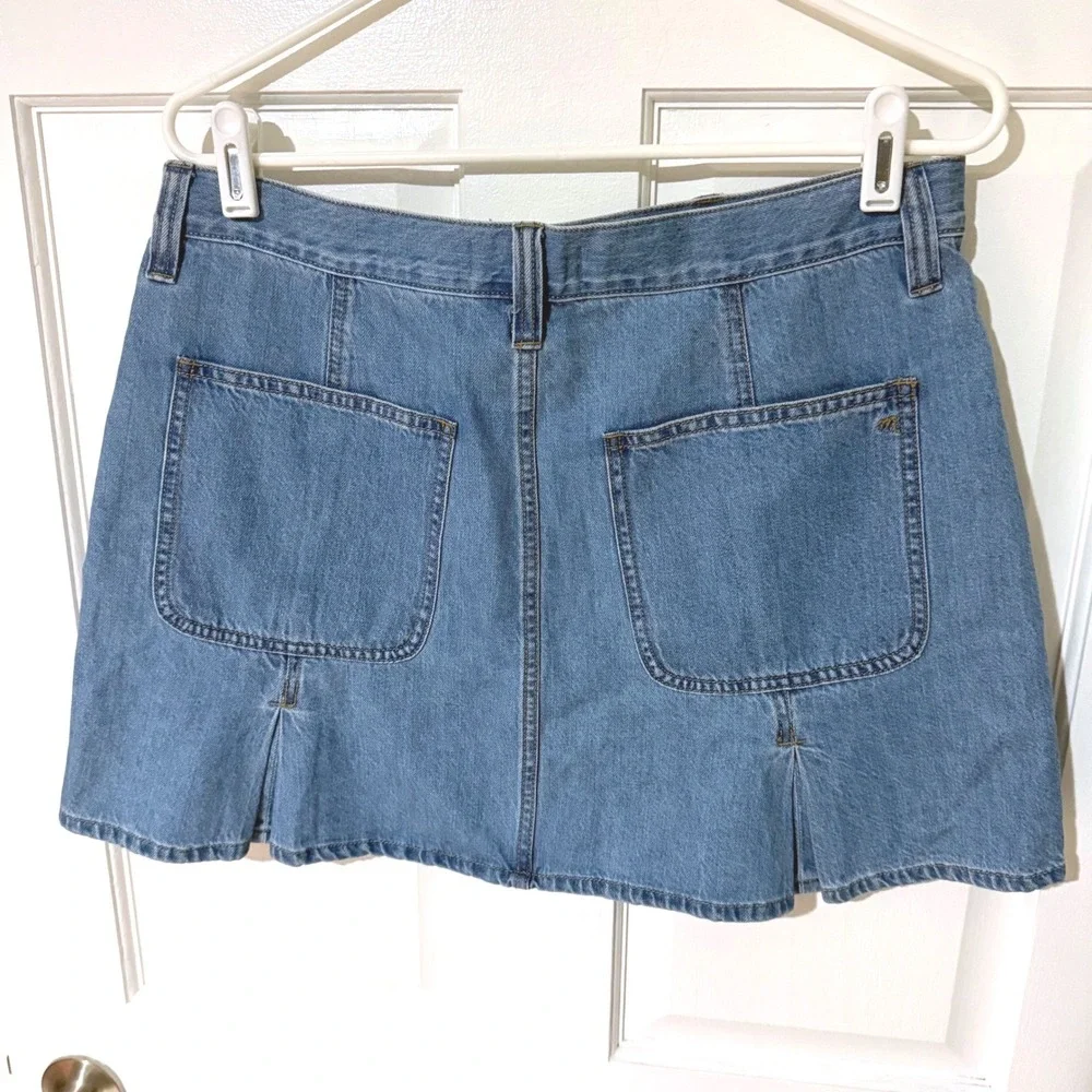 Madewell Denim Mini Skirt Medium Wash Pleated Hem Patch Pockets Blue 29